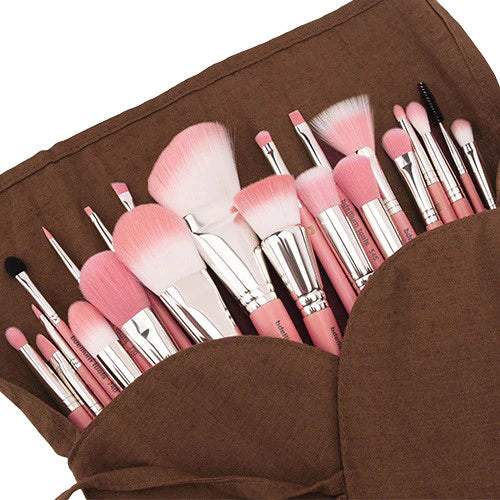 Pink Bambu Complete 14pc. Brush Set with Roll-up Pouch